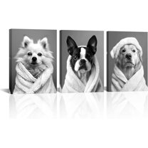 Hieng Black and White Dogs Canvas Wall Art Funny Animal Chihuahua Labrador in Bathrobe Painting Picture Artwork Prints for Home Bathroom Decor(only canvas)