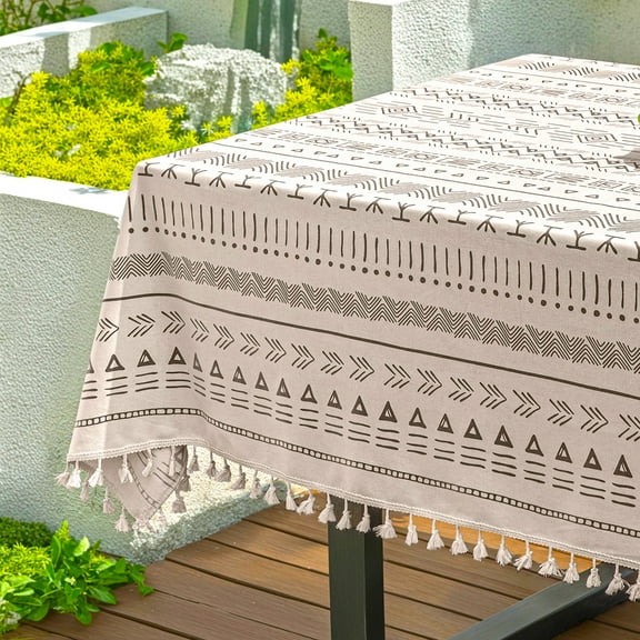 Lapalife Boho Outdoor Tablecloth 55"x 78" Linen Table Cloth with Tassels Waterproof Oilproof Table Cover for Dining Party Home Decor