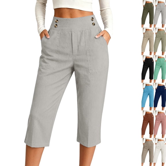 Capris for Women with Pockets Women's Cotton Linen High Waisted Pants Dressy Casual Cropped Pant Casual Summer Clothes (Light Gray,M)