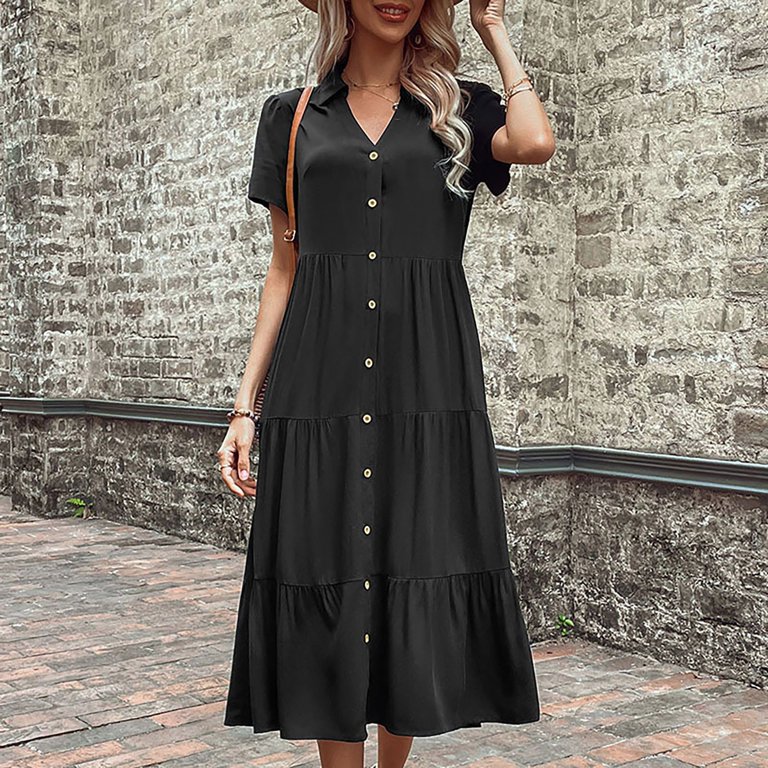 Ruyang Women's Casual V Neck Button Down Cotton Linen Dress Short Sleeve Midi Length Loose Summer Dresses with Pockets