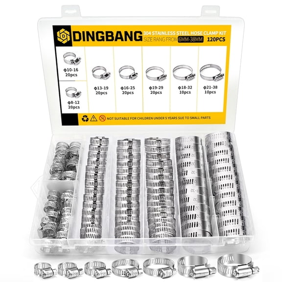 DINGBANG 120Pcs 100% Real Stainless Steel Hose Clamp Assortment Kit, 7 Size Worm Gear Hose Clamps 1/4" -1-1/2 "（6mm-38mm）,Heavy Duty Hose Clamps for Automotive,Pipe,Radiator Plumbing,Fuel Line