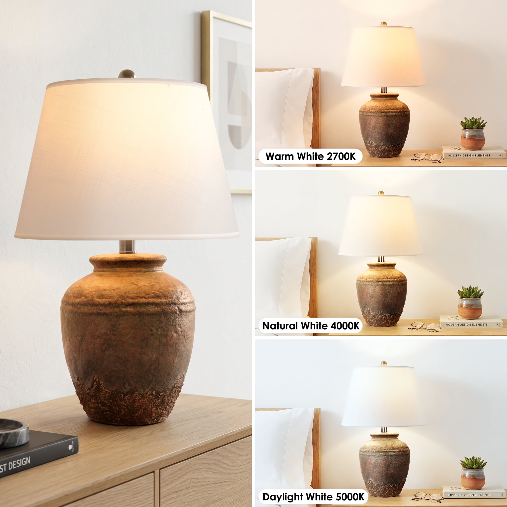 22in Rustic Ceramic Jar Table Lamp, Farmhouse Bedside Lamp, Vintage Textured Finish for Bedroom, Living Room, Office