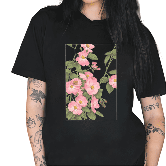 Cozymy Women's Vintage Framed Pink Wild Rose Vine Botanical Graphic Short Sleeve T-Shirt Soft Basic Crewneck Natur Top