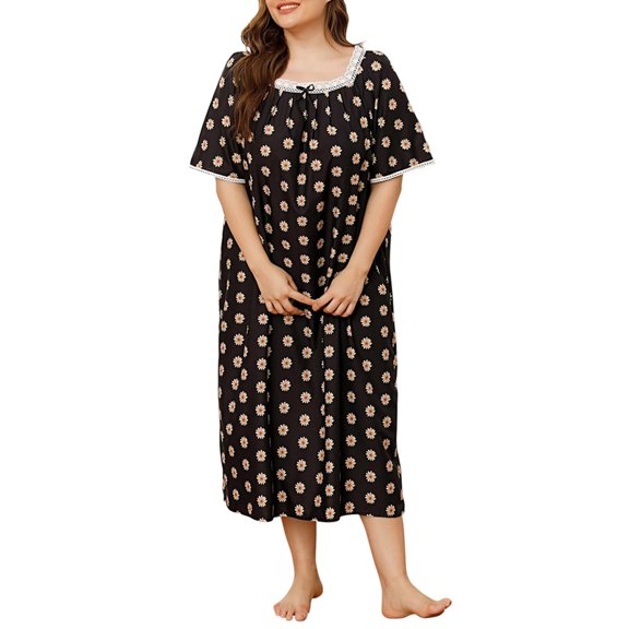 WBQ Plus Size Women Nightgown Short Sleeve Floral Print Nightdress Square Neck Lounger Robe Long Sleepwear