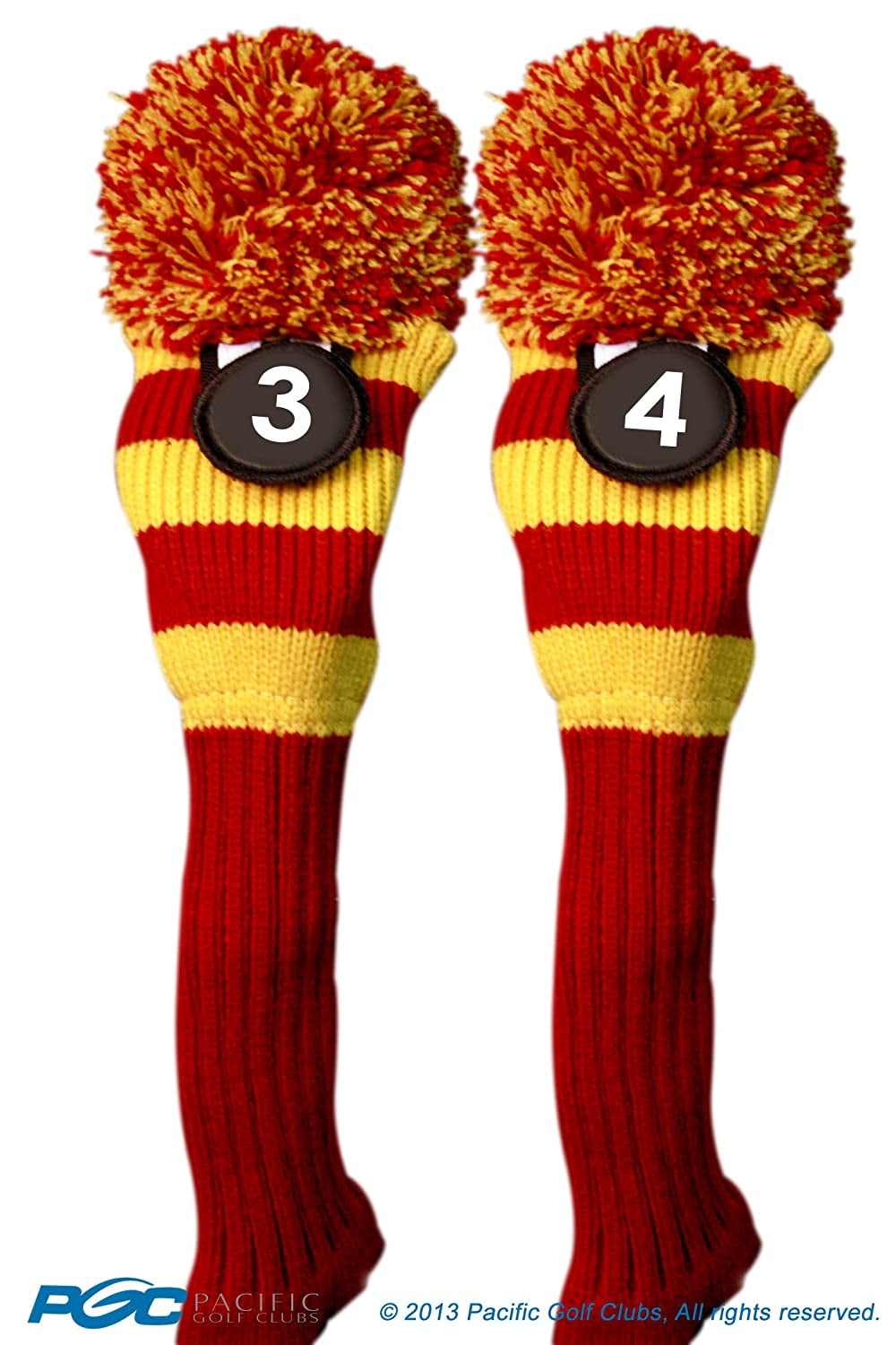 Majek #3 & #4 Hybrid Combo Pack Rescue Utility Red & Yellow Golf Headcover Knit Pom Pom Retro Classic Vintage Head Cover