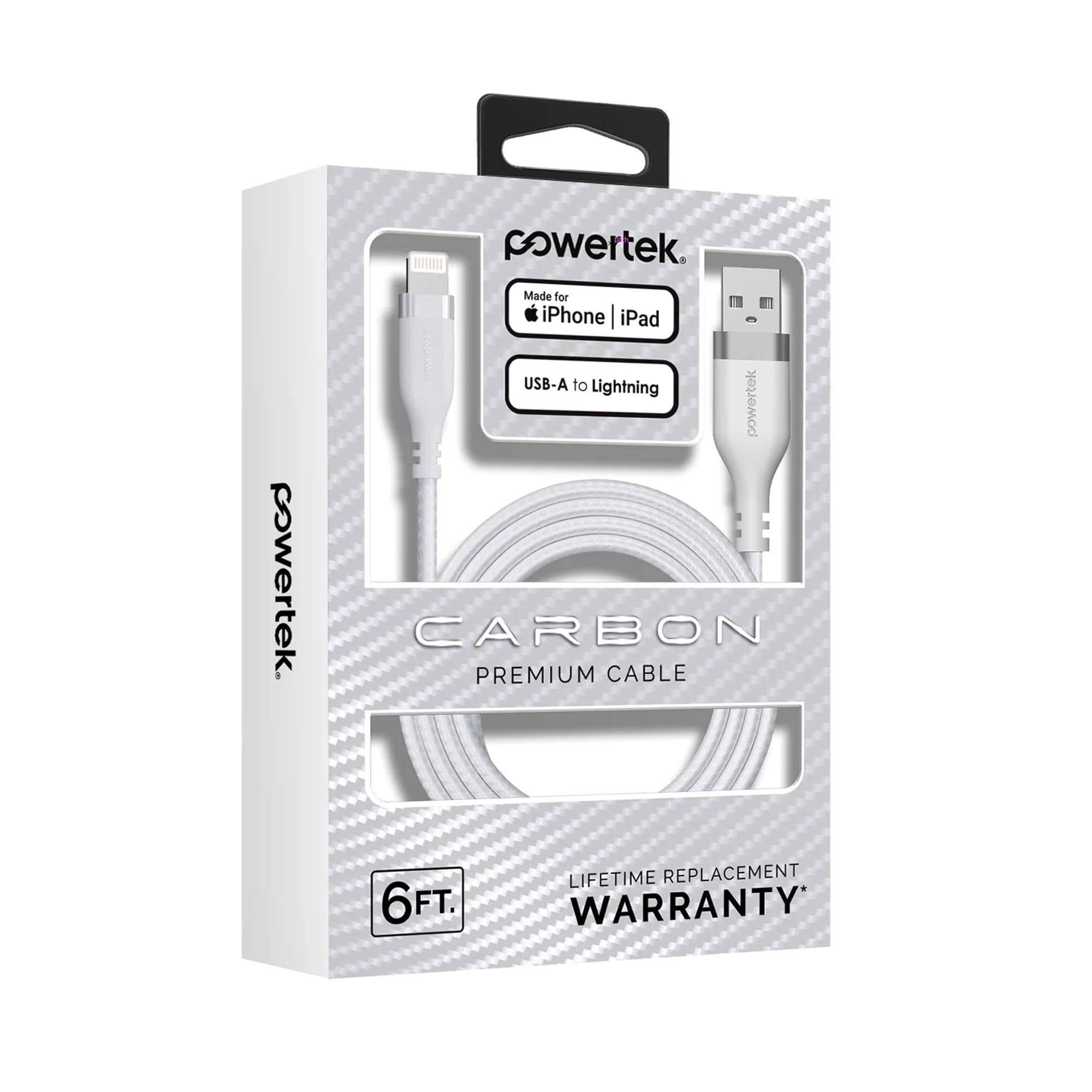 Powertek MFi Certified USB-A to Lightning Charging Cable, Carbon Design Texture, 6 ft, White