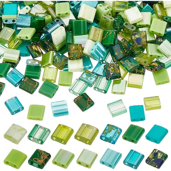 PH 280pcs 14 Colors 2 Hole Seed Beads Green Drawbench Flat Square Glass Loose Spacer Beads for Multi-Strand Bracelet Necklace DIY Craft Making 5x4.55.5mm for DIY