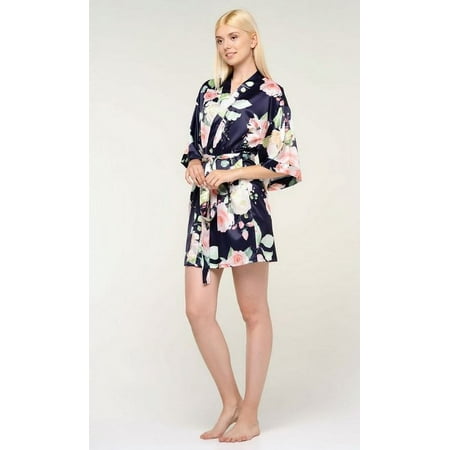 Kimono robes for Women Satin Silk lingerie robe  Short V-Neck For Female Sleepwear Loungewear bridal party bridesmaid wedding - Floral Navy - Small