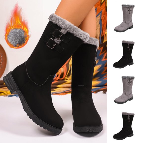 FRSASU Women's Mid-Calf Snow Platform Low Wedge Boots Comfort Faux Fur Lining Non Slip Winter Snow Hiking Boots Gray