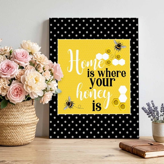 Canvas Wall Art Yellow Black Bee Canvas Art Print Home Is Where Your Honey Is Honeycomb Daisy Pictures Wall Decor for Living Room Bedroom Artwork Decorations Stretched Framed Ready to Hang 16"x24"