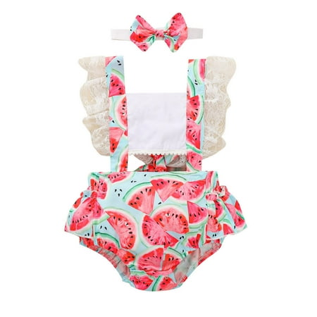 

TUOBARR Newborn Infant Baby Girls Boys Lace Watermelon Print Romper Hendbands Outfits White (0-24Months)