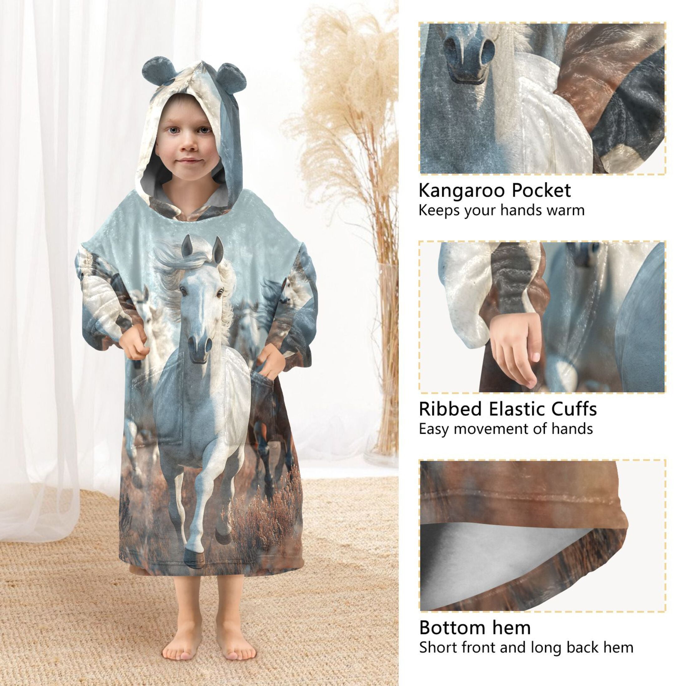 joogoo Wearable Blanket Hoodie 3d Horses Running for Flannel Sherpa Pocket 3-14 YR L