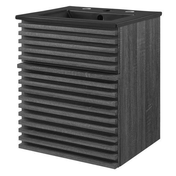 Wall Mount Sink Vanity Cabinet, Dark Grey Gray, Wood, Mid Century Hotel Bedroom Bathroom, Modern Contemporary HB33663