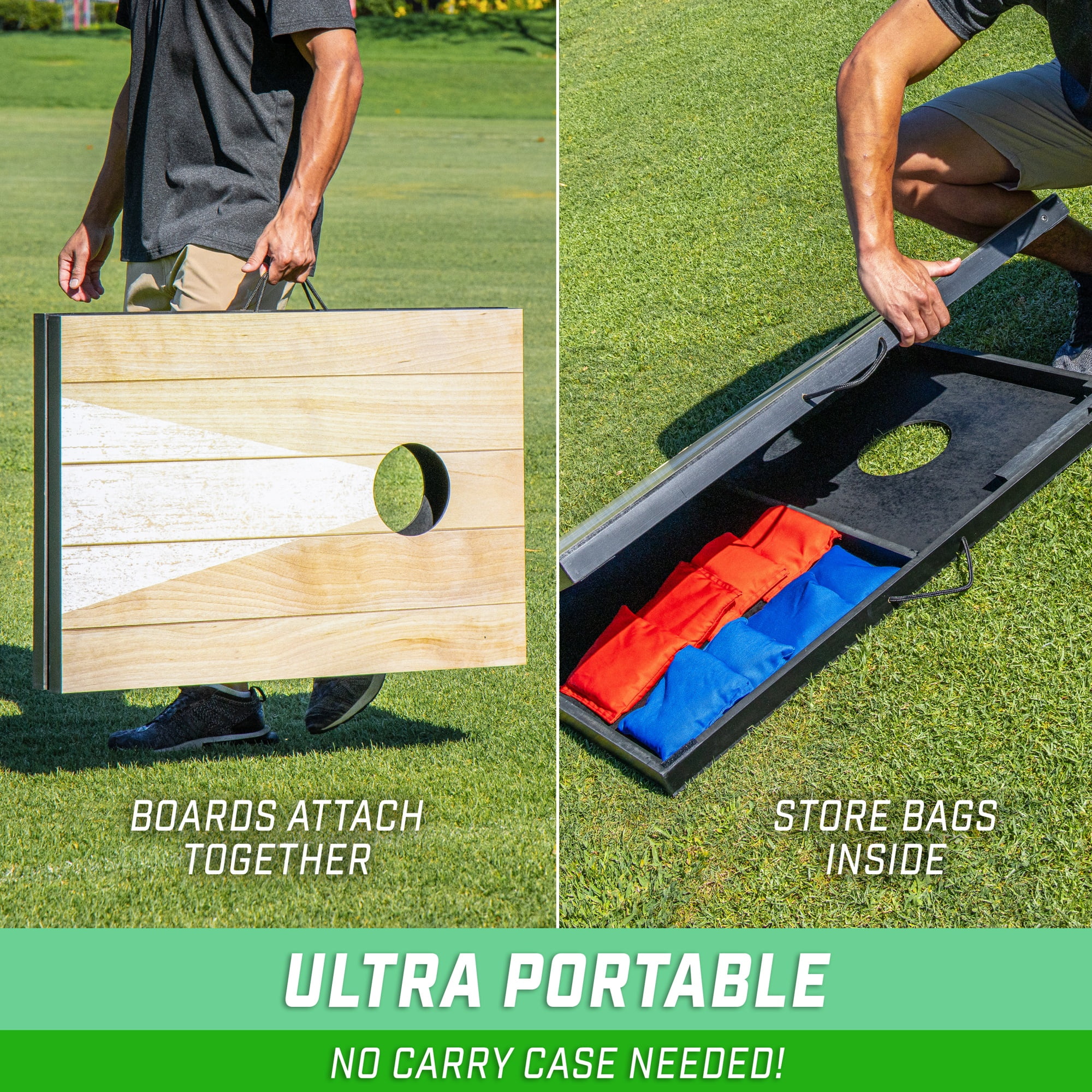 GoSports 3 x 2 ft Cornhole Board Set - Portable Outdoor Toss Game for Adults & Family - Includes Set of 8 Bean Bags with Built-in Storage - Bright Rustic