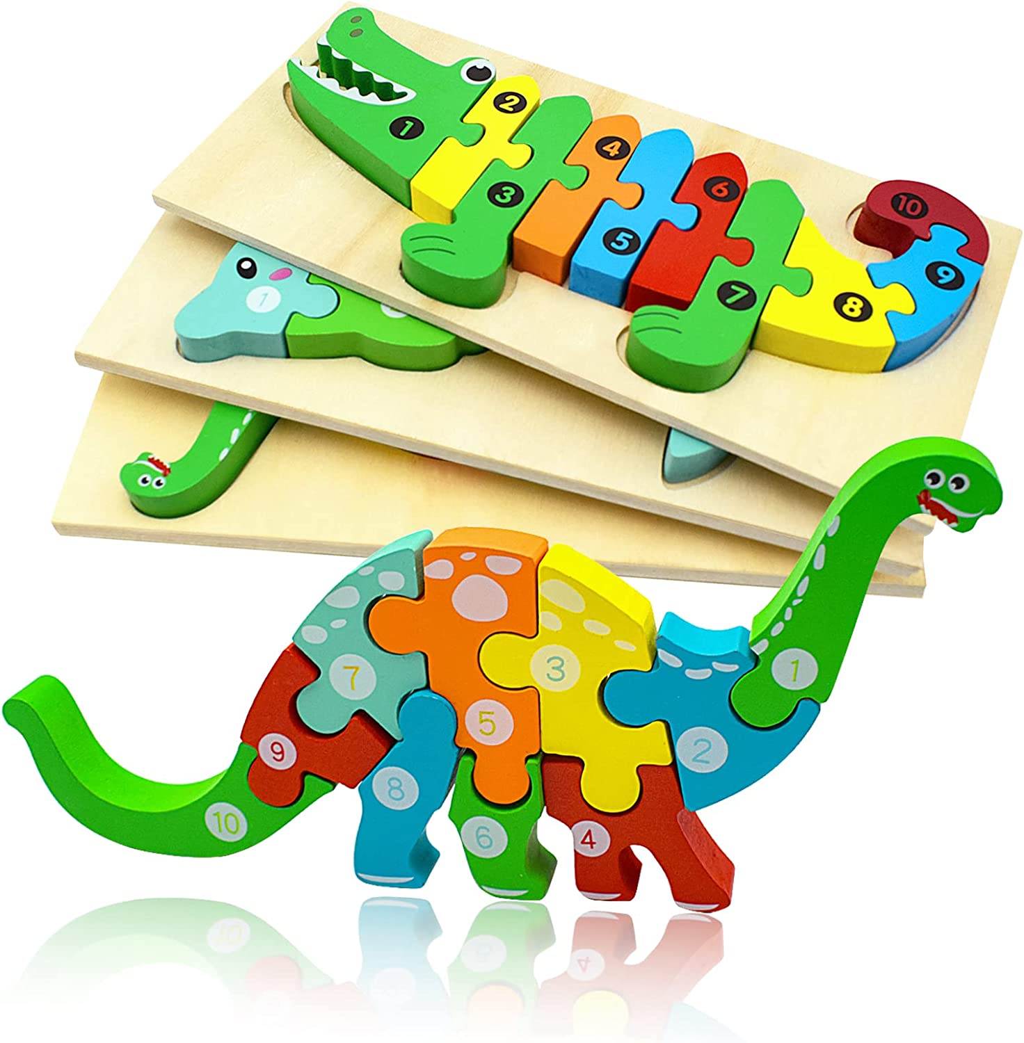 JEEXI Montessori Wooden Dinosaur Puzzles 4-Pack photo 7