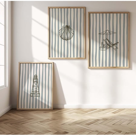 Coastal Wall Art Blue Nautical Lighthouse Shell Prints Set 3 Unframed Paper Print 8x12