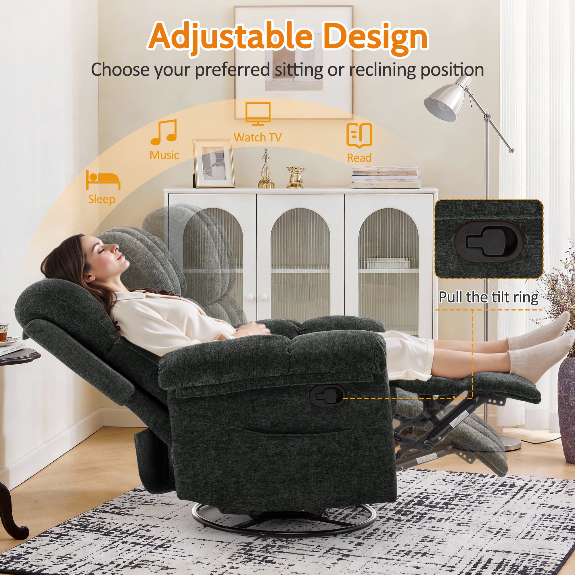 Korser Small Recliners for Small Spaces,Swivel Rocker Recliner Chair with Side Pockets for Living Room,Black