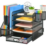 5-Tier Desk Organizer with File Holder, Drawer, and Pen Holders - Mesh Desktop Storage for Office Supplies and Magazines