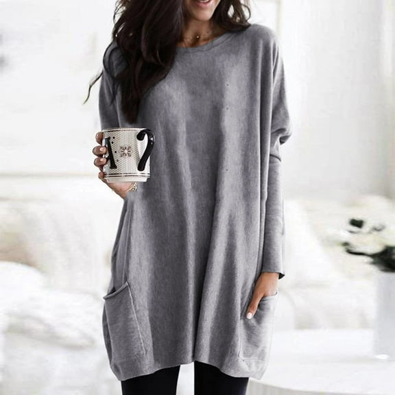 Fesfesfes Women Sweatshirt Long Sleeve Casual Loose Fit Tunic Tops With Pockets Crewneck Sweatshirts