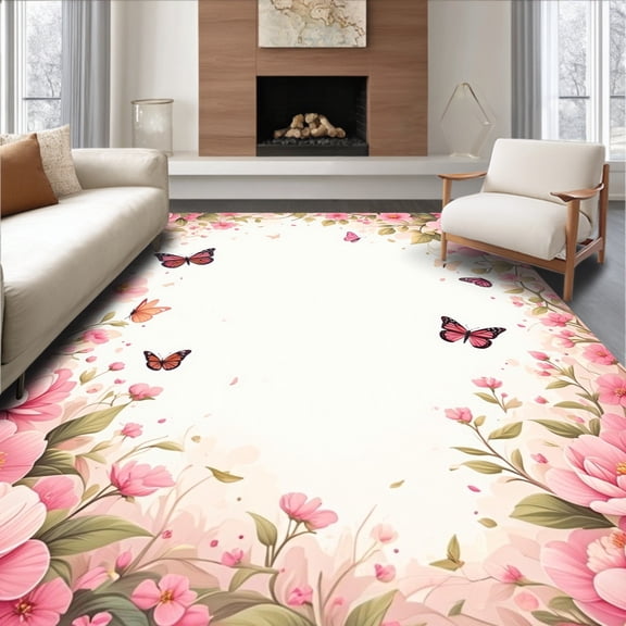 Flatwoven High Traffic Area Rug, Whimsical Floral Butterfly Aesthetic, Non Slip, Stain Resistant, Washable Area Rugs for Living Room, Bedroom(Pink, 4X6)