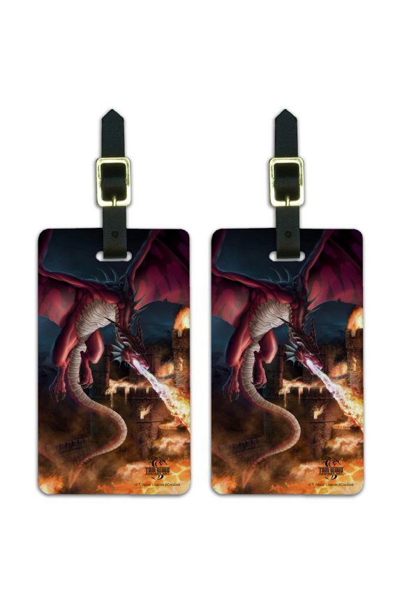Fire Breathing Red Dragon Castle Fantasy Luggage ID Tags Suitcase Carry-On Cards - Set of 2