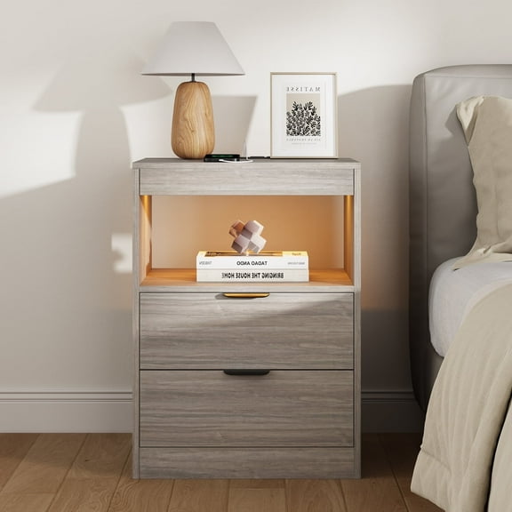 Kicode Nightstand with LED Lights,Wireless Charging Station,2 Drawers, Modern Wooden Sofa Bedside Table for Home Storage,End Side Table with Pull-Out Shelf,Furniture Bedroom Livingroom,Gray