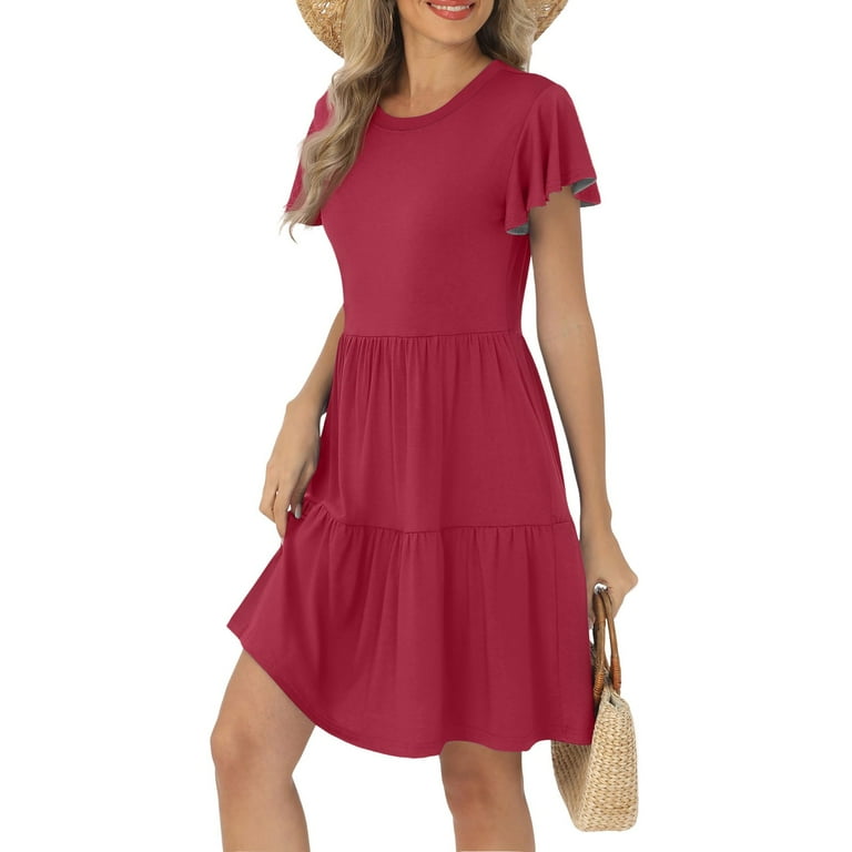 Empire Waist Dress For Women, T Shirt Dresses Ruffle Sleeve Round