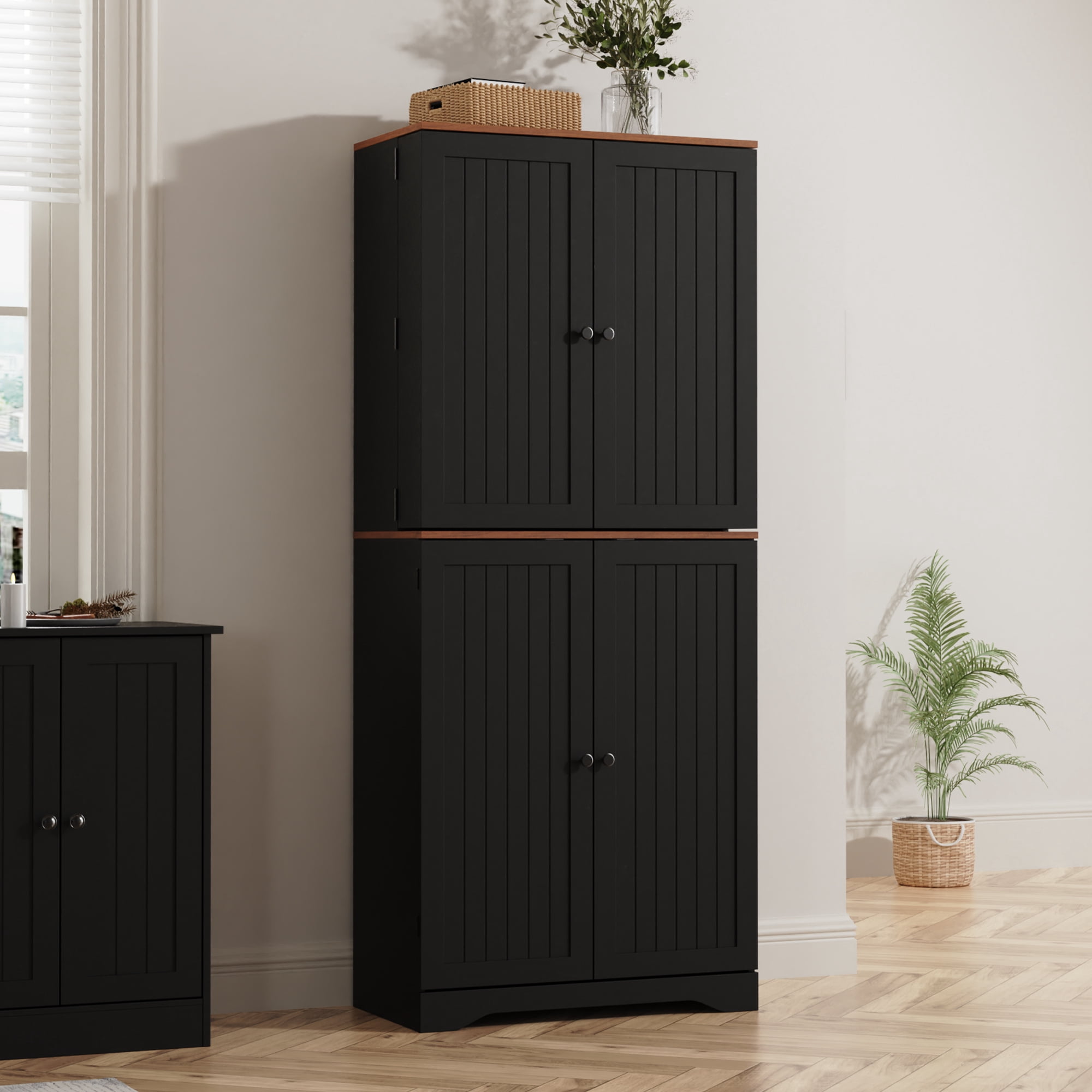 Farmhouse Pantry Storage Cabinet, 72" Tall Kitchen Pantry with Doors Organizer, Freestanding Cupboard with Adjustable Shelves, Rustic Buffet Cabinet for Kitchen, Dining Room, Bathroom, Black