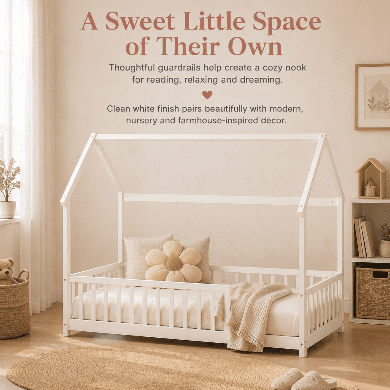 Miniyam Twin Size House Floor Bed for Kids, Wood Low Profile Bed Frame with Guardrails, White