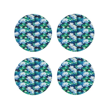 

Lukts Blue Lotus Flower Print Leather Drinks Coasters Set of 4 Suitable or Drinks Furniture Protection and Easy Clean up-Round Shape