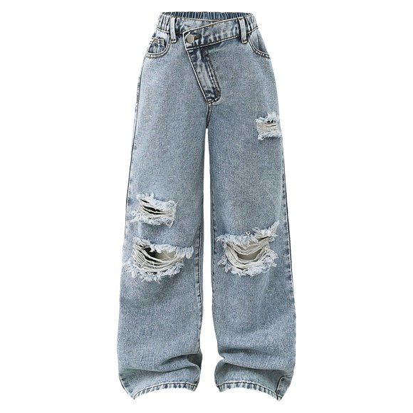 Gubotare Jeans for Teen Girls Ripped Denim Jeans for Kids Straight Wide Leg Washed Baggy Pants Casual Lightweight Size 5T 6T (Blue,5-6 Years)