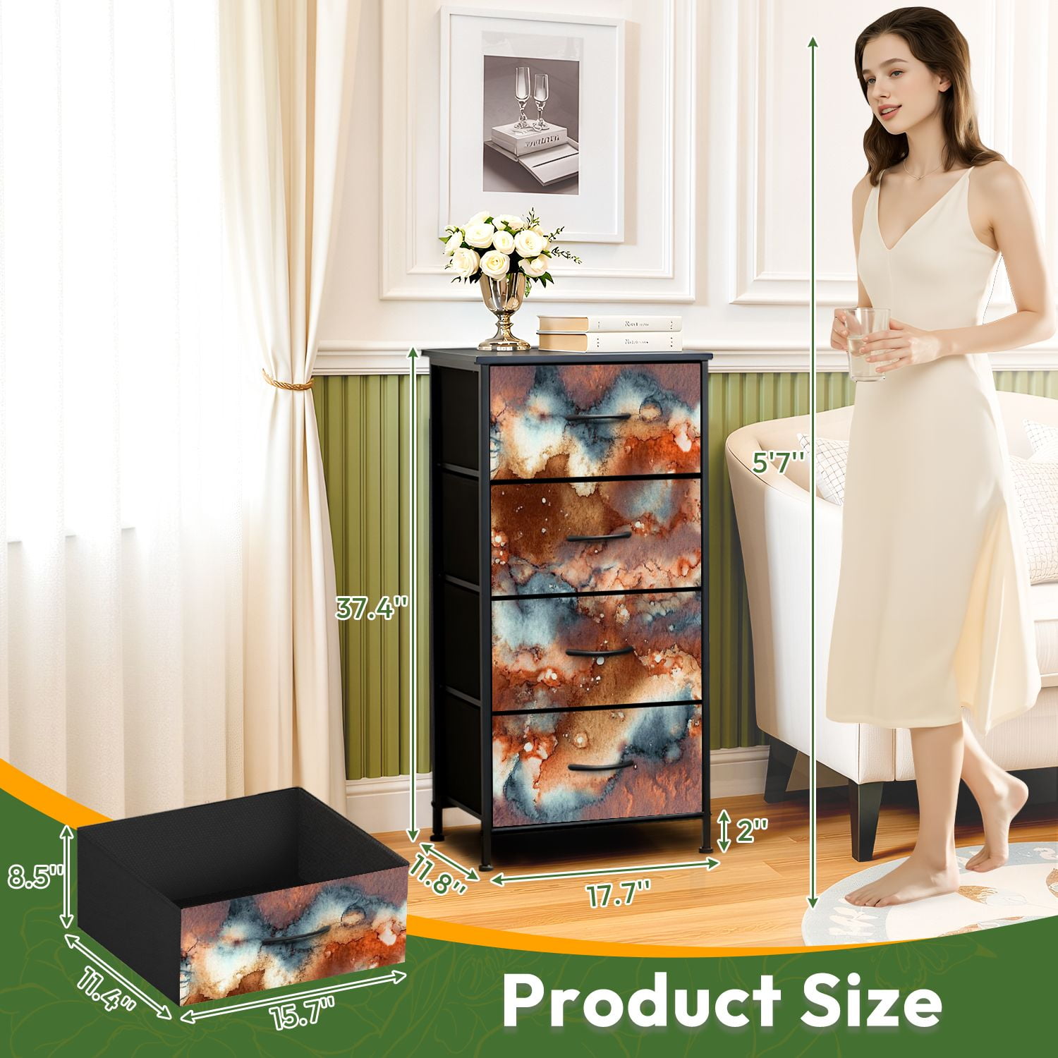 4 Drawer Vertical Storage Dresser Hand watercolor bright abstract stone surface Texture with Wood Top Fabric Pull Drawers