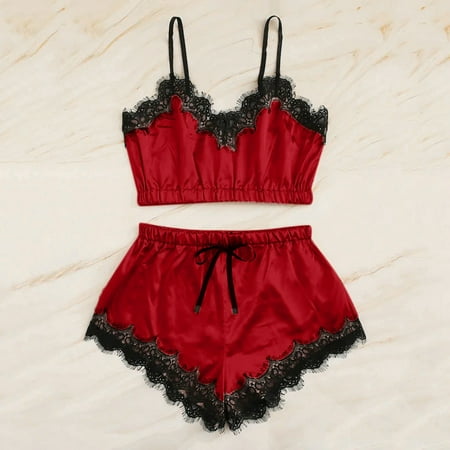 

Women Sleepwear Sleeveless Strap Nightwear Lace Trim Satin Cami Top Pajama Sets Please buy one or two sizes up