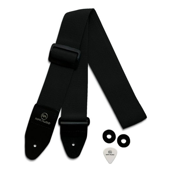 Riffi Audio Guitar & Bass Strap Black with Pick and Strap Locks 2-Inch