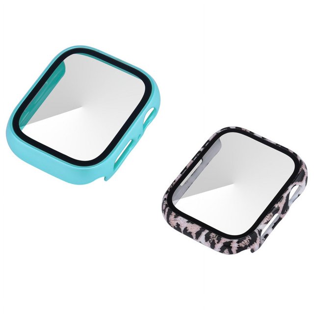 2 Pack PC Case with Tempered Glass Screen Protector Compatible with Apple Watch Series 6 SE Series 5 Series 4 44mm, Overall Shockproof Protective Cover for iWatch original blue and brown leopard