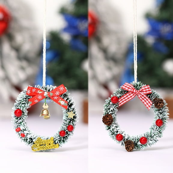 PPgejGEK Christmas Mini Wreath 8cm 3.14inches Plastic Vines Small Bells Pine Cones Bow Decor for Tree Car Mirror Home Holiday Decoration