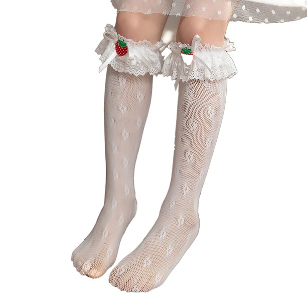Calcetines hasta la rodilla de encaje floral de verano para niños y niñas, medias de pantorrilla de princesa con lazo de fresa dulce de estilo japonés Lolita