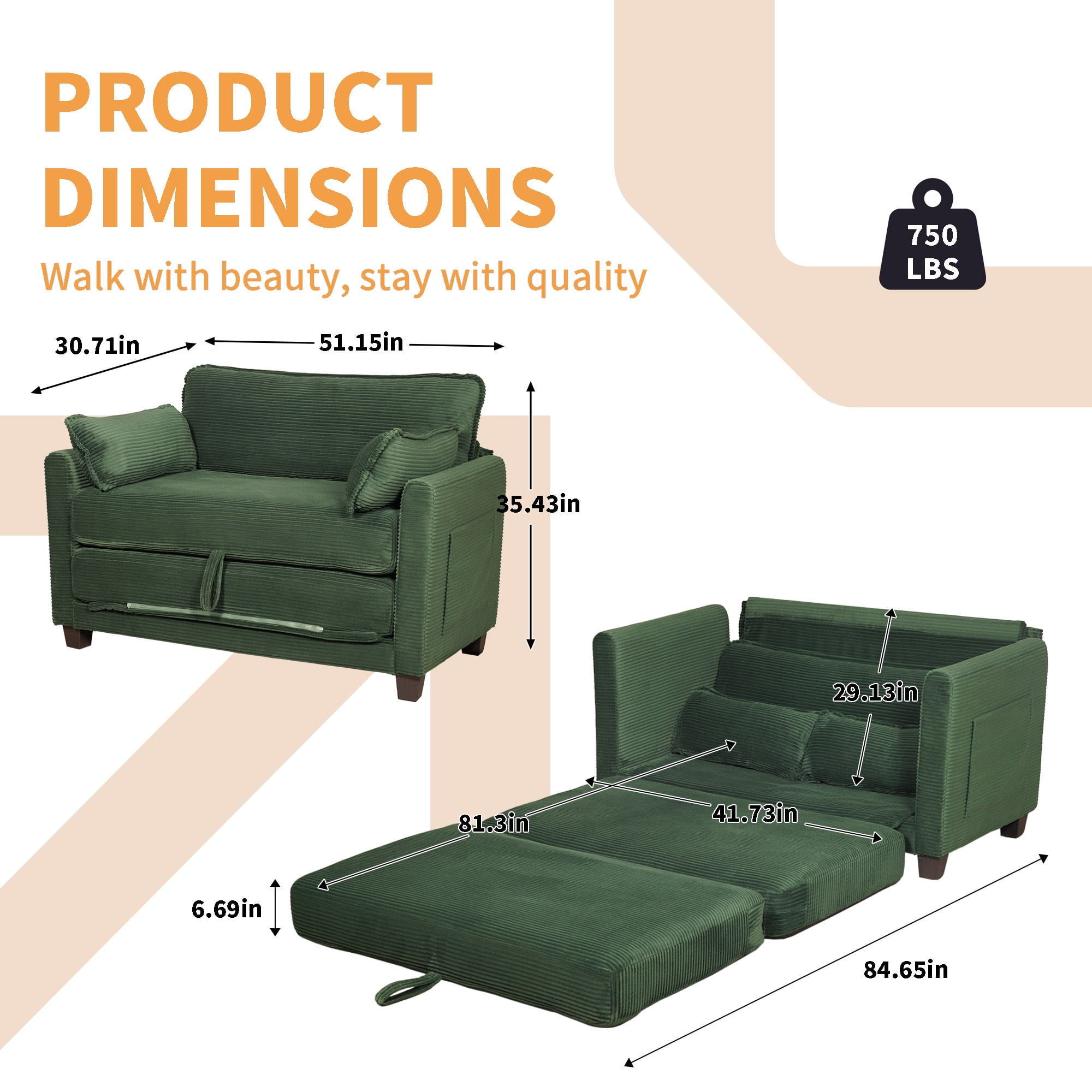 Jopat Convertible Sofa Bed,Corduroy Folding Sofa Bed,Loveseat Sleeper Sofa with Side Storage,Floor Couch for Apartment Living Room Bedroom,Dark Green
