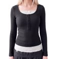 thumbnail image 5 of INSPIRE CHIC Women's Henley Shirts Ribbed Tops Scoop Neck Long Sleeve Contrast Lace Ttim Button Pointelle Front Knit Slim Fit Y2K Casual Going Out Blouses Small Black, 5 of 6