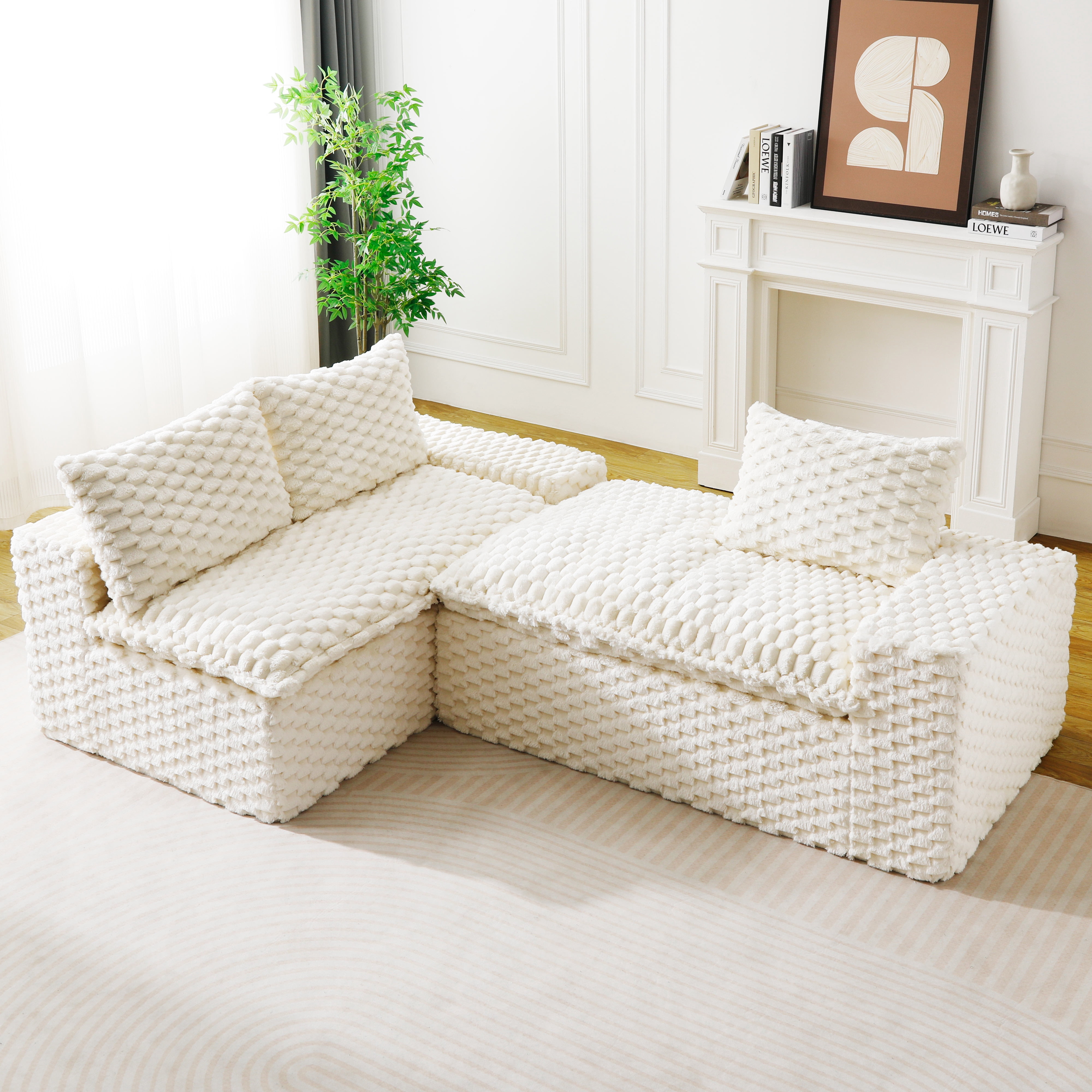 HOQBN 96"W Modular Sectional Sofa,L Shape Modern Corduroy Cloud Couch,Upholstered Deep Seat Boneless Sofa Couch with Left Chaise Lounge for Living Rooms,No Assembly Required,White