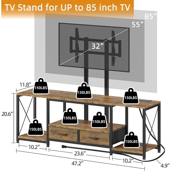 LED TV Stand with Mount and Power Outlet & Fabric Drawers for 32-85 Inches TV - Entertainment Center and Corner Tv Stand for Living Room, Bedroom- 47" Rustic Brown