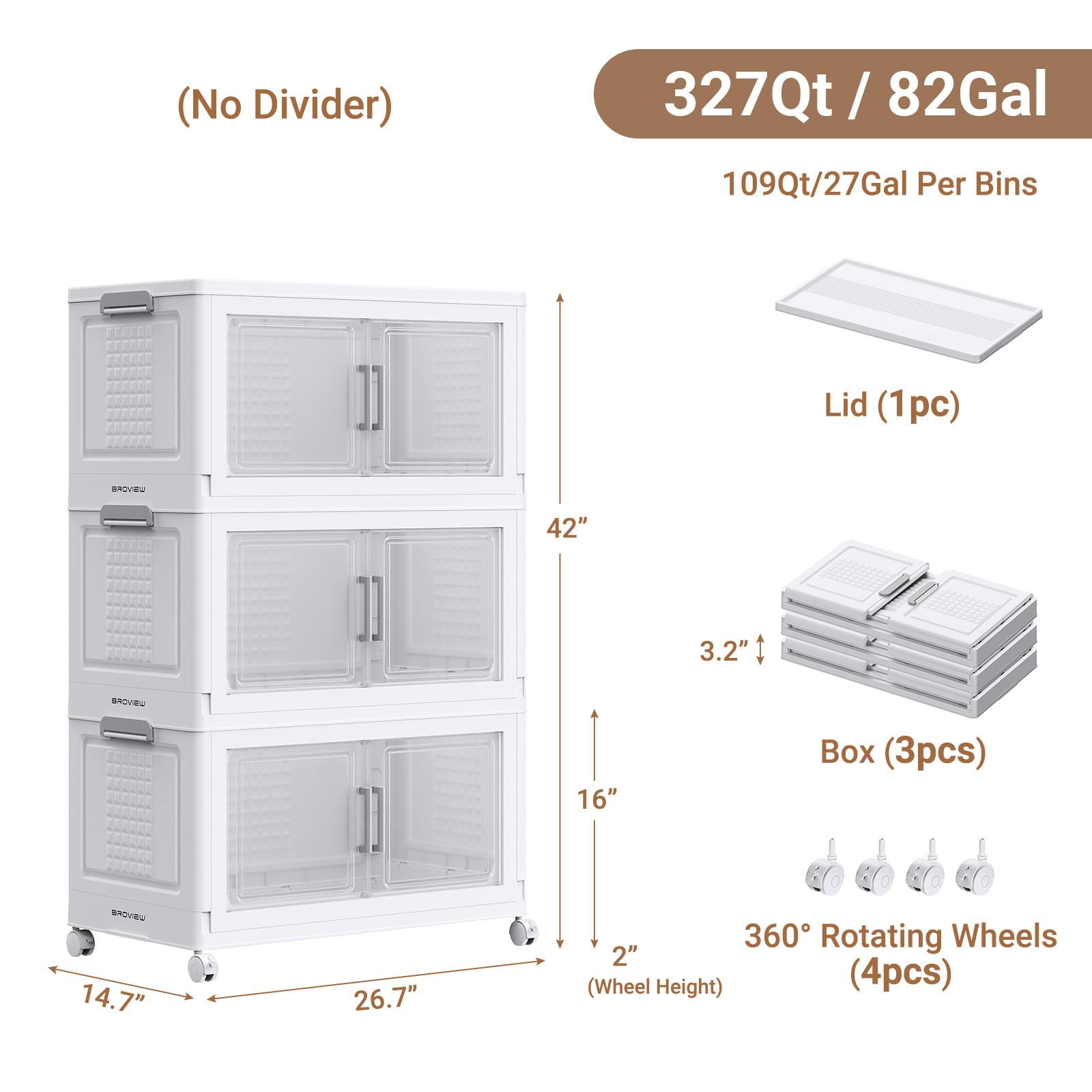 Broview 327QT Stackable Storage Bins with Lid & Wheels, Large Collapsible Plastic Closet Organizers Storage Cabinet Box,3Pack Black
