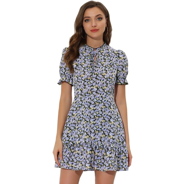 Vestido de Manga Abullonada Corta de Gasa con Pajarita Floral con Volantes Para Mujer Allegra K Negro Verde L