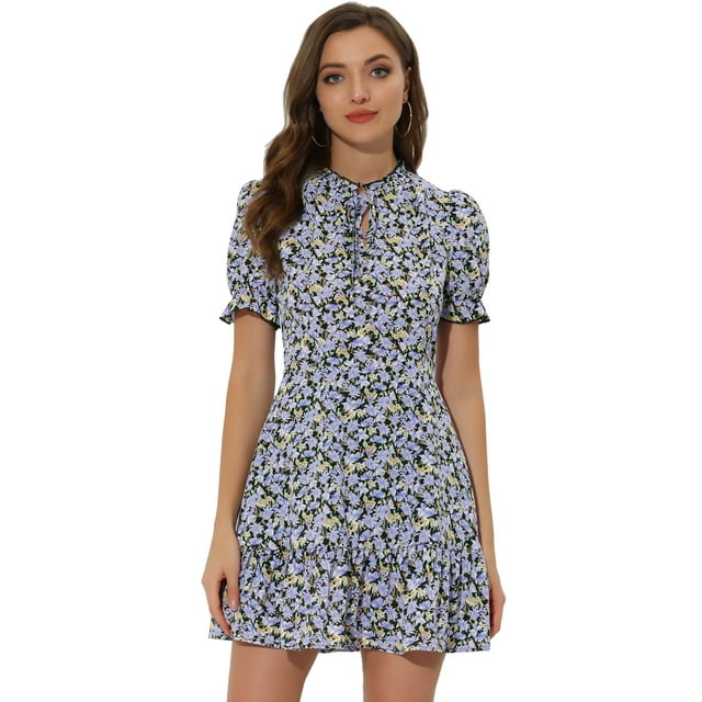 INSPIRE CHIC Women's Ruffle Floral Bow Tie Chiffon Puff Short Sleeve Summer Dress