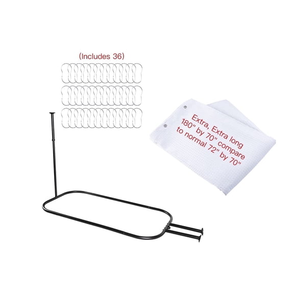 Utopia Alley Rustproof Wall Mounted Aluminum Hoop Oval Shower Rod With Ceiling Support for Free Standing Clawfoot Tub, 54 Inch Extra Large Size by 26 Inch, Matt Black   White Shower Curtain 180x70in