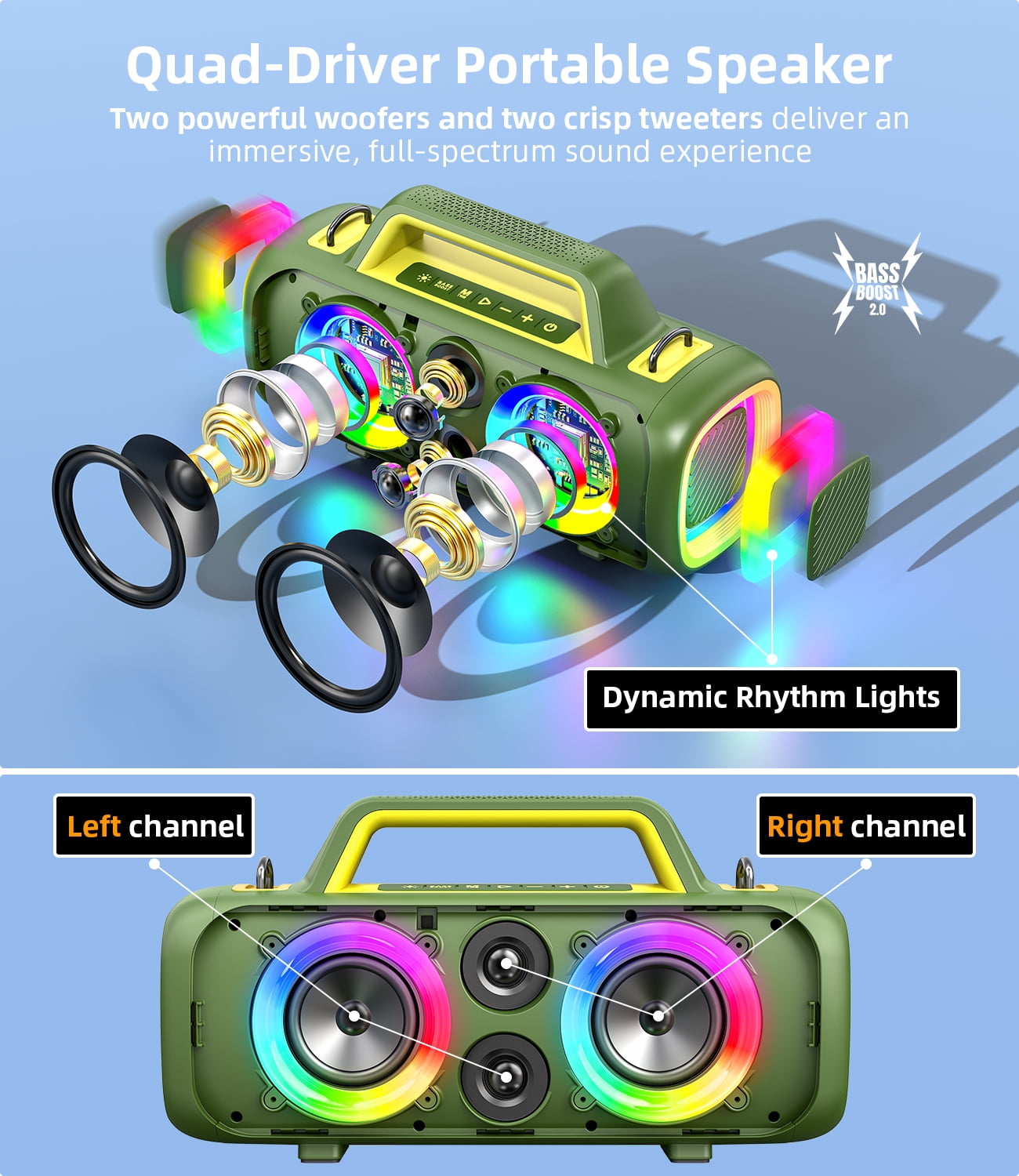 Portable Bluetooth Speaker IP65 Waterproof,140W Loud Sound,Bass Boost,Bluetooth 5.3, LED Lights,True Wireless Stereo Pairing,24H Playtime, for Home/Outdoor/Party/Beach, Fashionable Gift(Green)