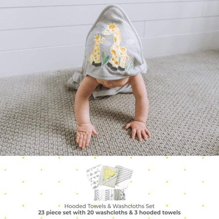 Spasilk Bath Hooded Towels & Washcloths Set for Babies, 23-Piece Gift Set, Gray Giraffe