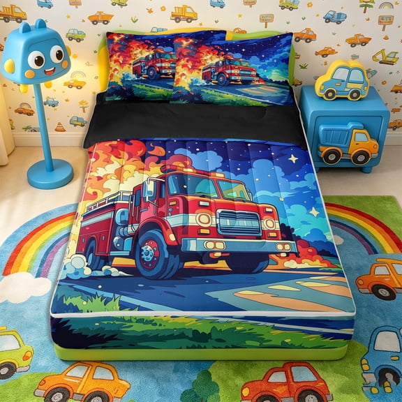 Castle Fairy Cartoon Fire Truck Zipper Twin Comforter Sets with Fitted Sheet and 2 Pillowcases,Night Flame Print Zipper Bedding Set for Bedroom,Red Blue,4-Piece,Black Reversible