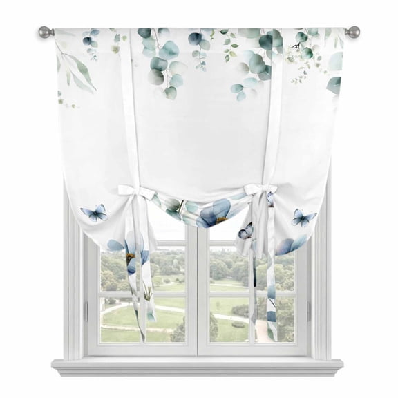 Navy Blue Floral Balloon Curtains 63 Inch Length for Living Room/Bedroom, Watercolor Eucalyptus Leaves Butterfly Rod Pocket Privacy Door Curtains Decorative Tie Up Shade for Window 52"x63"