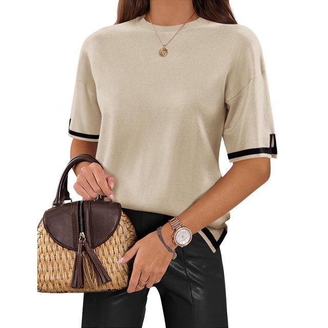 Jersey de punto Zeagoo 2025 de manga corta para mujer, color caqui claro